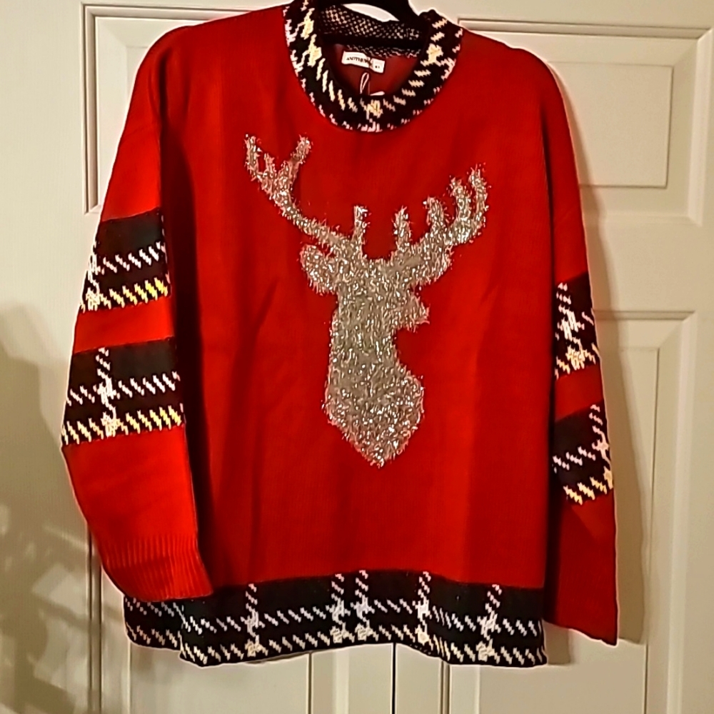 And The Why Christmas sweater sz M/L Red with Silver Sparkle Reindeer